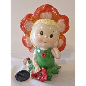 King Max Flower Girl Piggy Bank Orange Red Green Has Bottom Piece   6 3/4" Cute